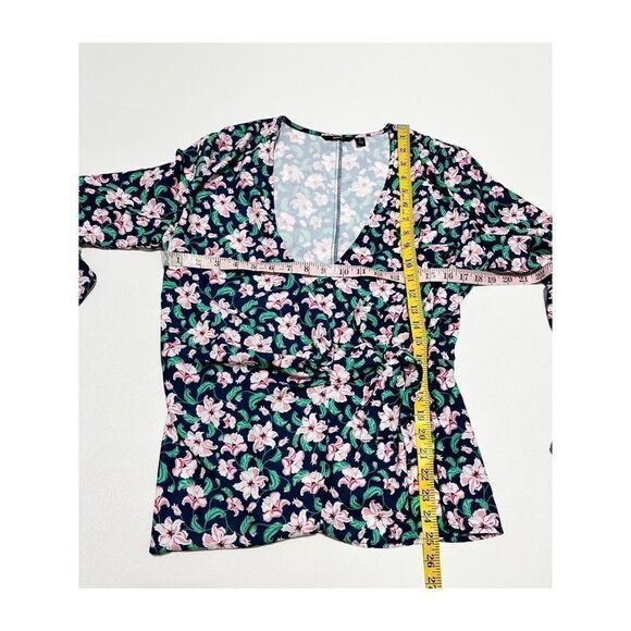 Betabrand Women's Floral Wrap Side Tie Bell‎ Sleeve Blouse Navy Pink Size Large - Picture 11 of 11